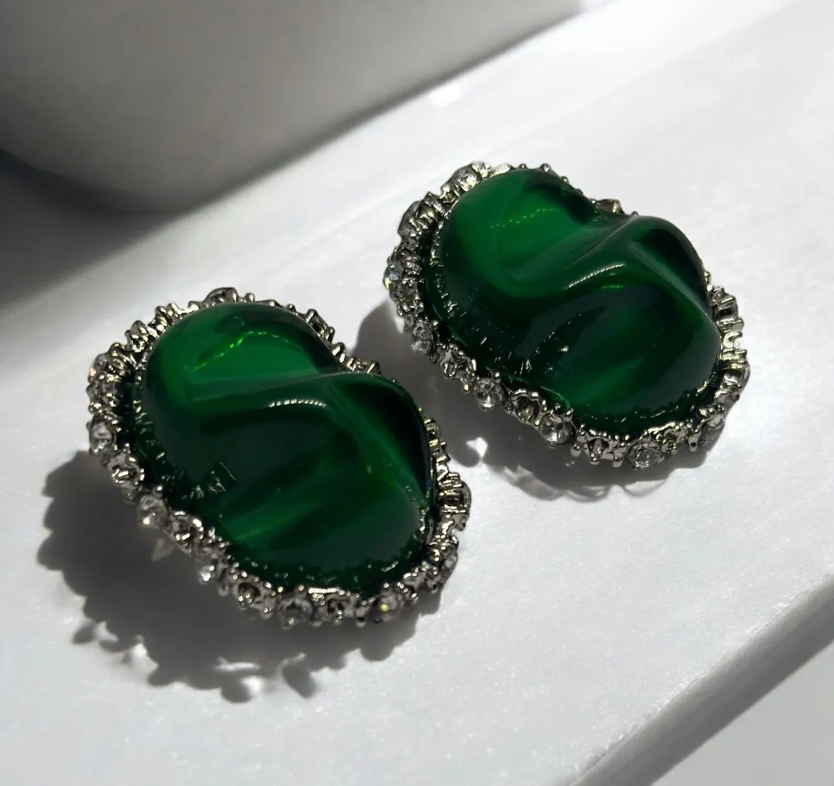 Geometric - Emerald green resin earrings | silver frame with rhinestone irregular shaped earrings | modern retro party earrings | oversize stud earrings