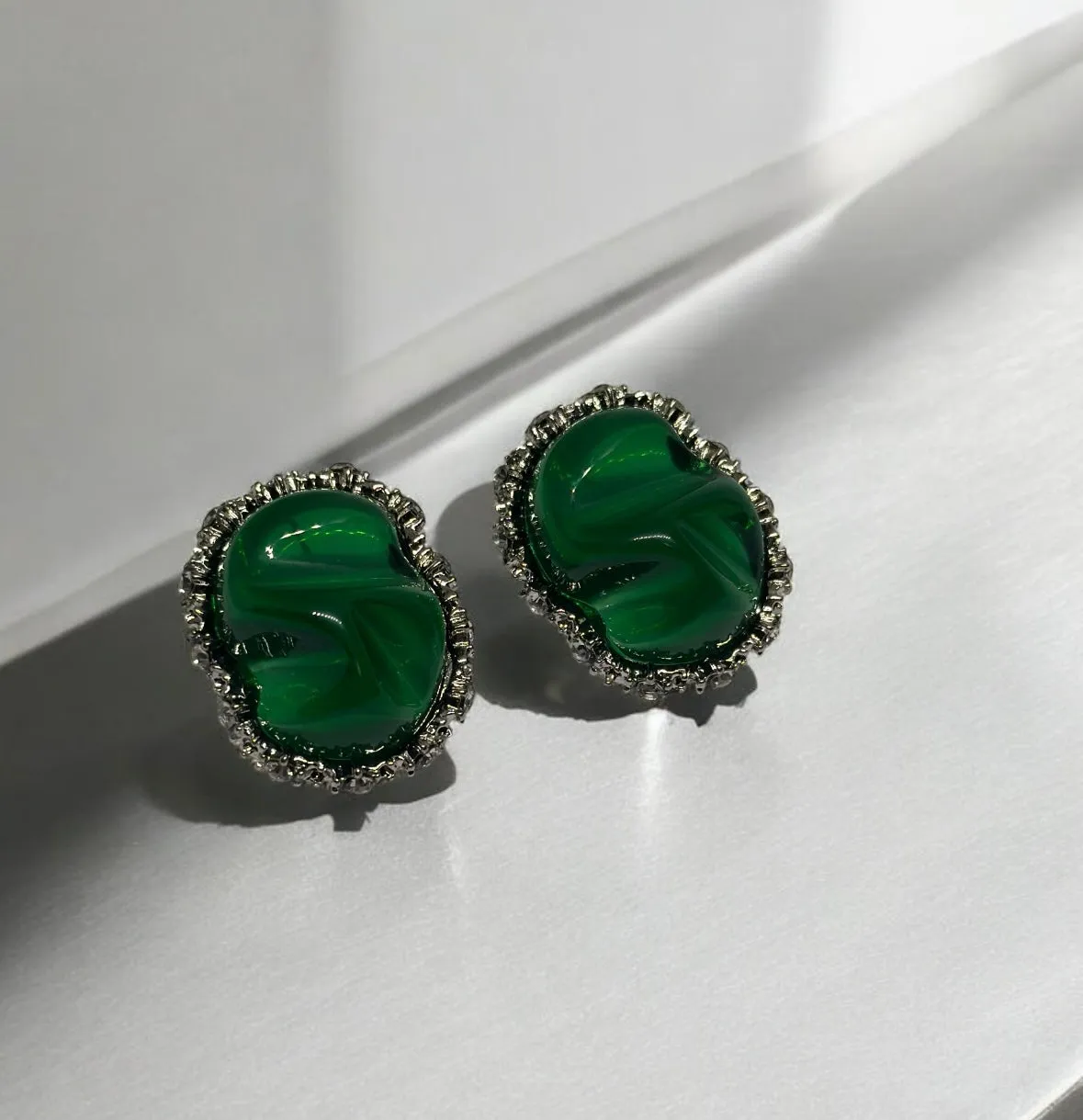 Geometric - Emerald green resin earrings | silver frame with rhinestone irregular shaped earrings | modern retro party earrings | oversize stud earrings