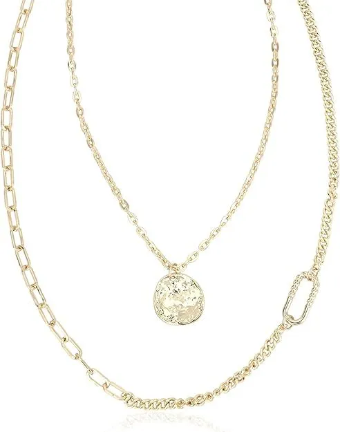 Gold Chain Link Pendant Necklace For Women | Double Layered | 18K Gold Plated | Non Tarnish & Waterproof | Additional 3” Extender Included