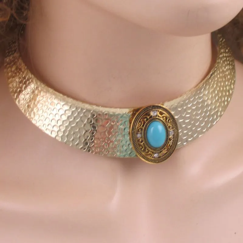 Gold Collar Necklace with Turquoise & Antique Gold Focus