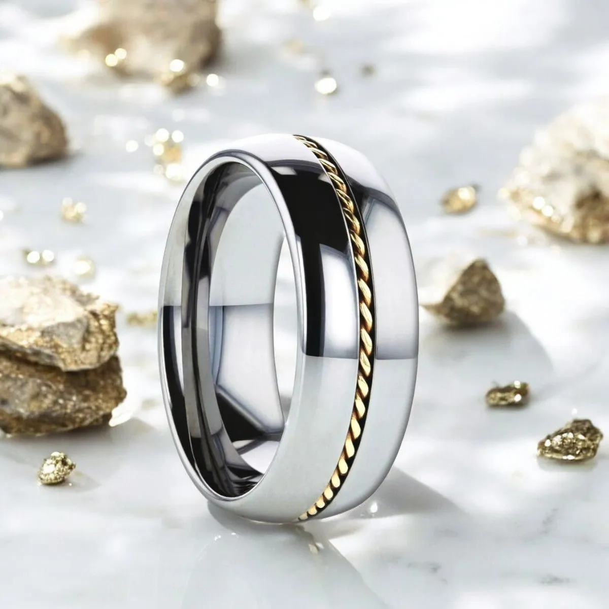 GOLDWYN | Silver Tungsten Ring, Braided 14k Gold Inlay, Domed