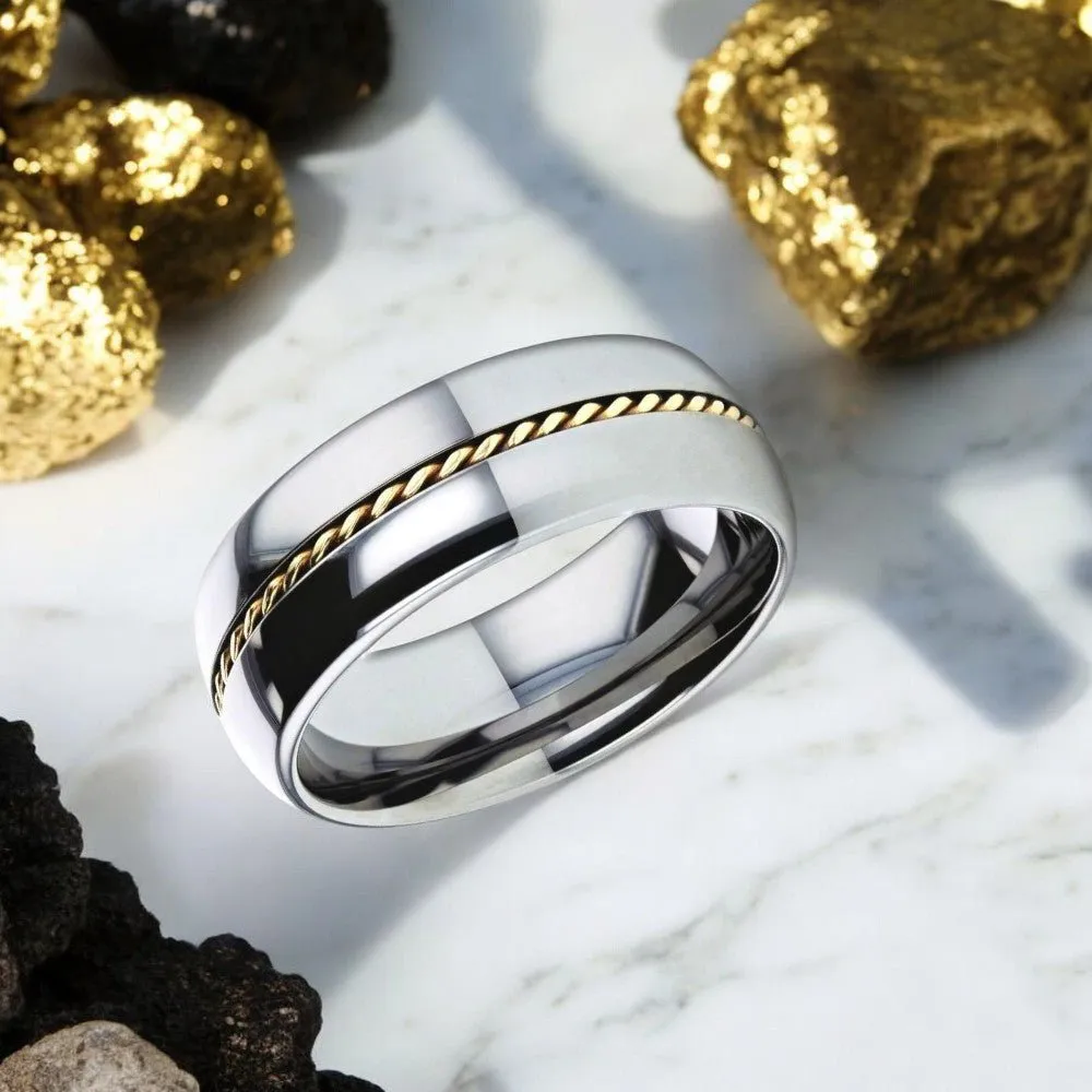 GOLDWYN | Silver Tungsten Ring, Braided 14k Gold Inlay, Domed