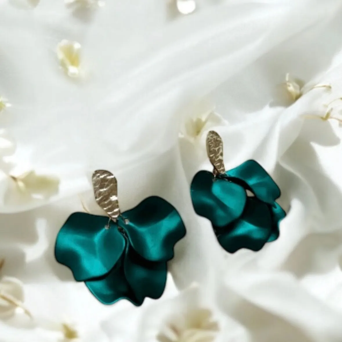 Green - Emerald green flower earrings | dangle petals baroque earrings | unique gold iridescent floral earrings | bridal party wedding earrings