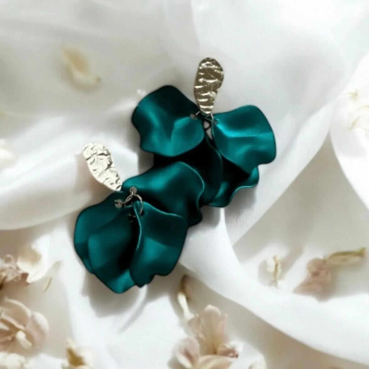 Green - Emerald green flower earrings | dangle petals baroque earrings | unique gold iridescent floral earrings | bridal party wedding earrings