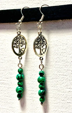 Illanna Handmade Malachite Dangle Earrings with Tree Pendants