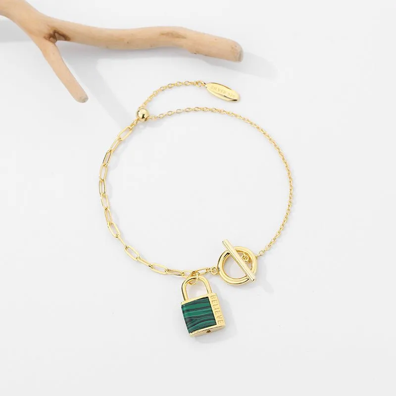 Locket Charm Bracelet with Malachite -Gold Plating