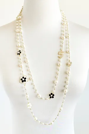 Long Flower Pearl Double layered Necklace - White