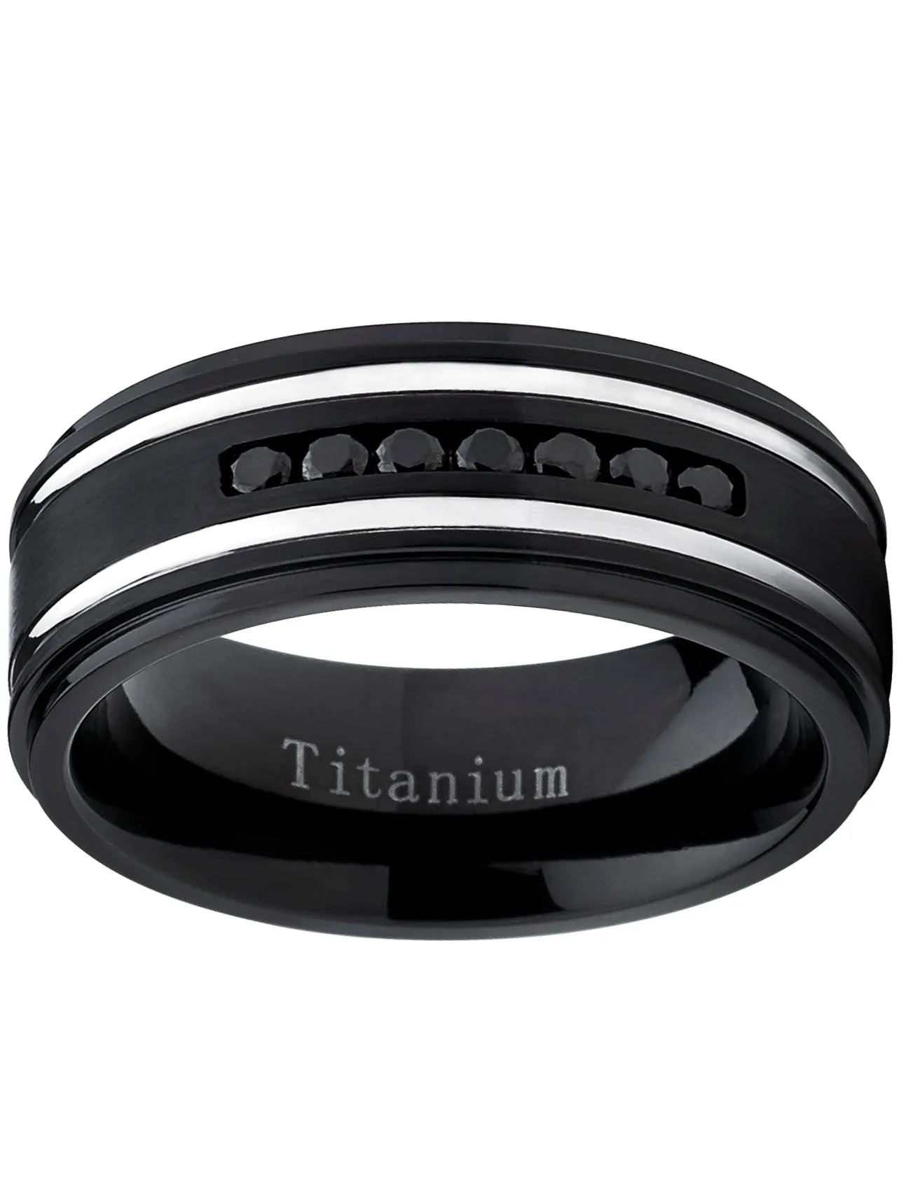 Men's Black Titanium Ring Wedding Band With Two Grooves and 7 Black Round Cut Cubic Zirconia CZ