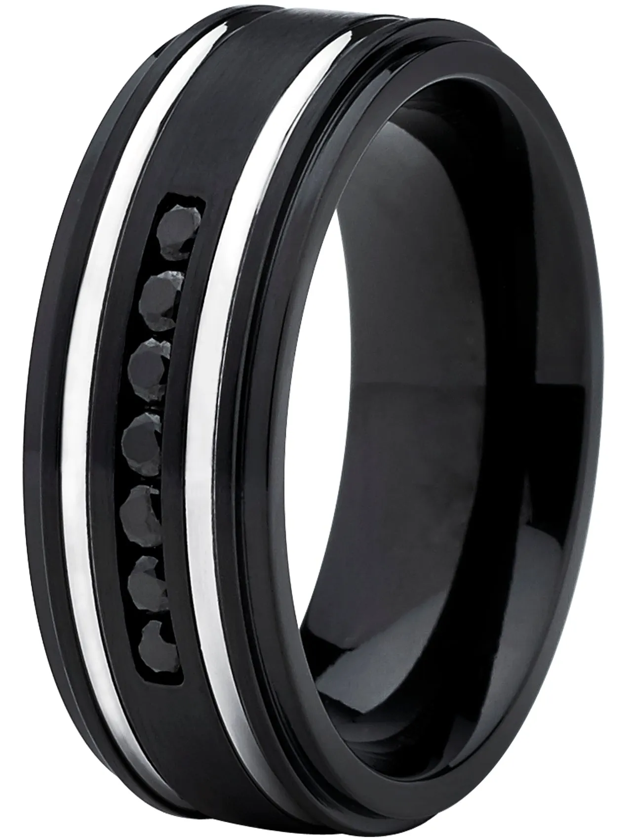 Men's Black Titanium Ring Wedding Band With Two Grooves and 7 Black Round Cut Cubic Zirconia CZ