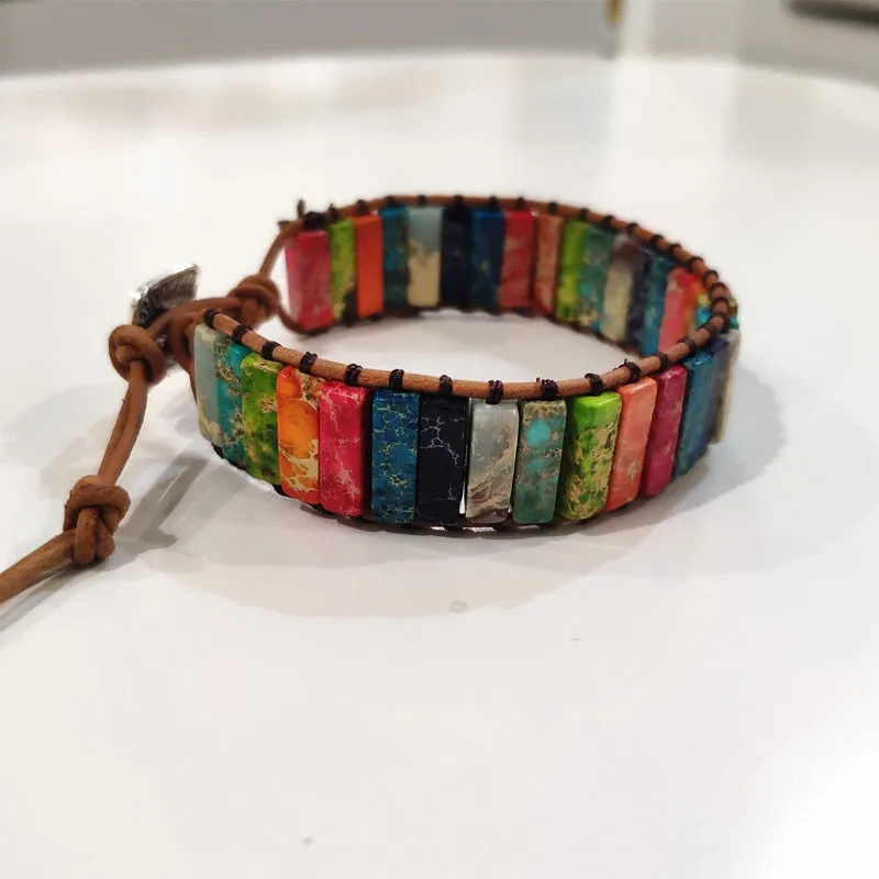 Multi Color Chakra Bracelet Jewelry Tube Beads Leather Wrap Bracelet