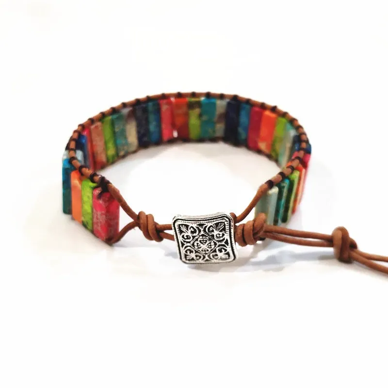 Multi Color Chakra Bracelet Jewelry Tube Beads Leather Wrap Bracelet