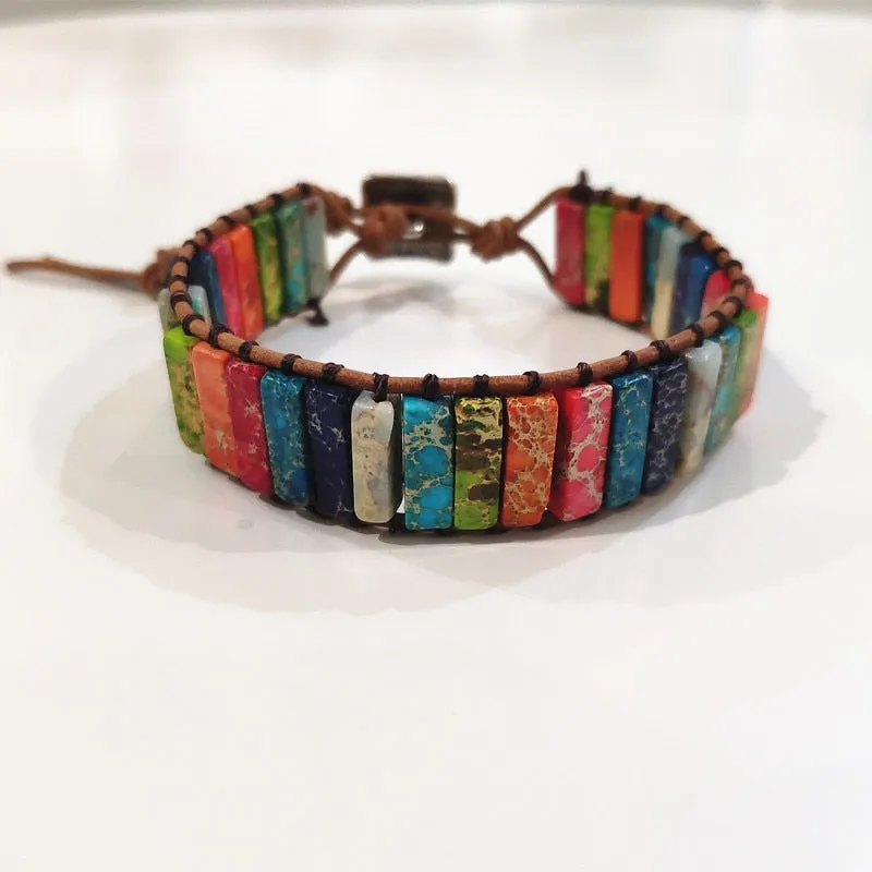 Multi Color Chakra Bracelet Jewelry Tube Beads Leather Wrap Bracelet