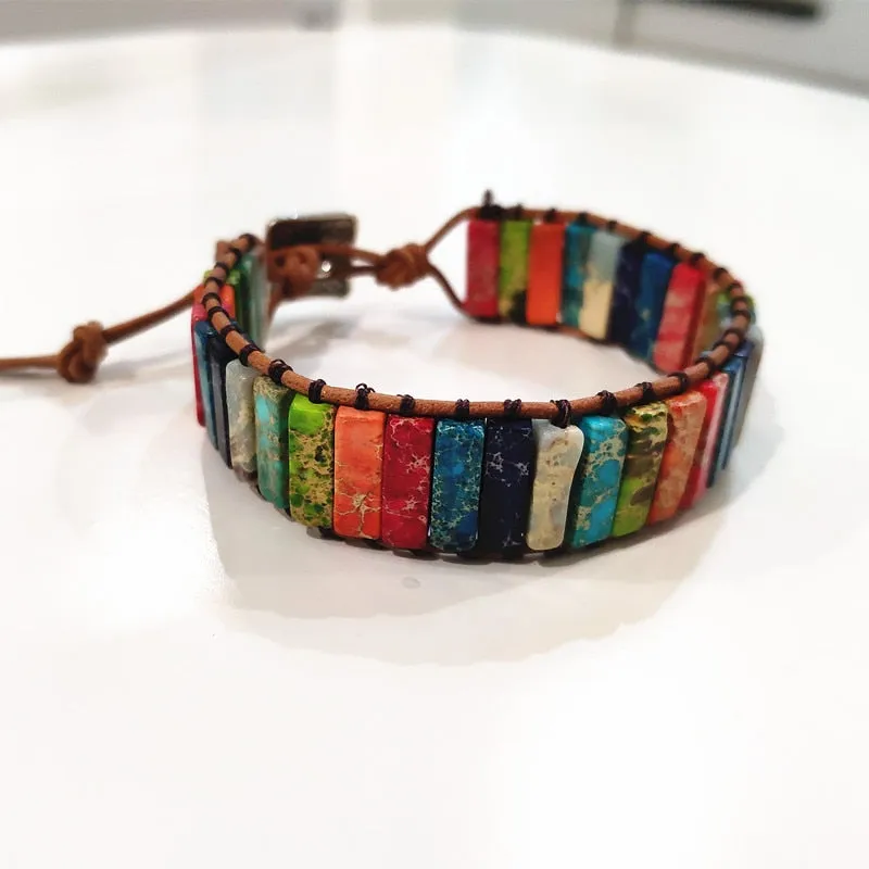 Multi Color Chakra Bracelet Jewelry Tube Beads Leather Wrap Bracelet