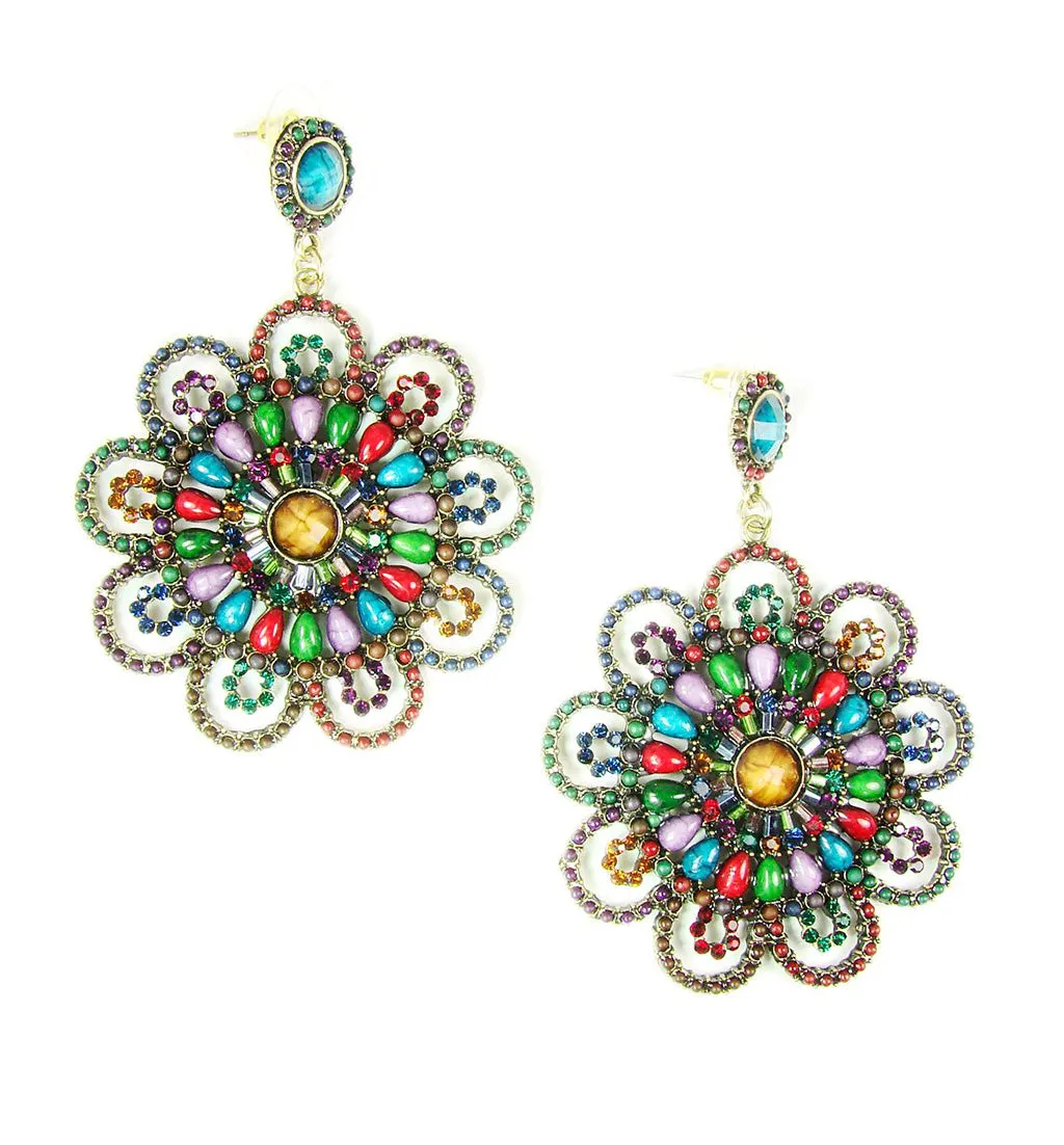 Multicolor Flower Earrings, Floral Disc Earrings, Large Round Colorful Crystal