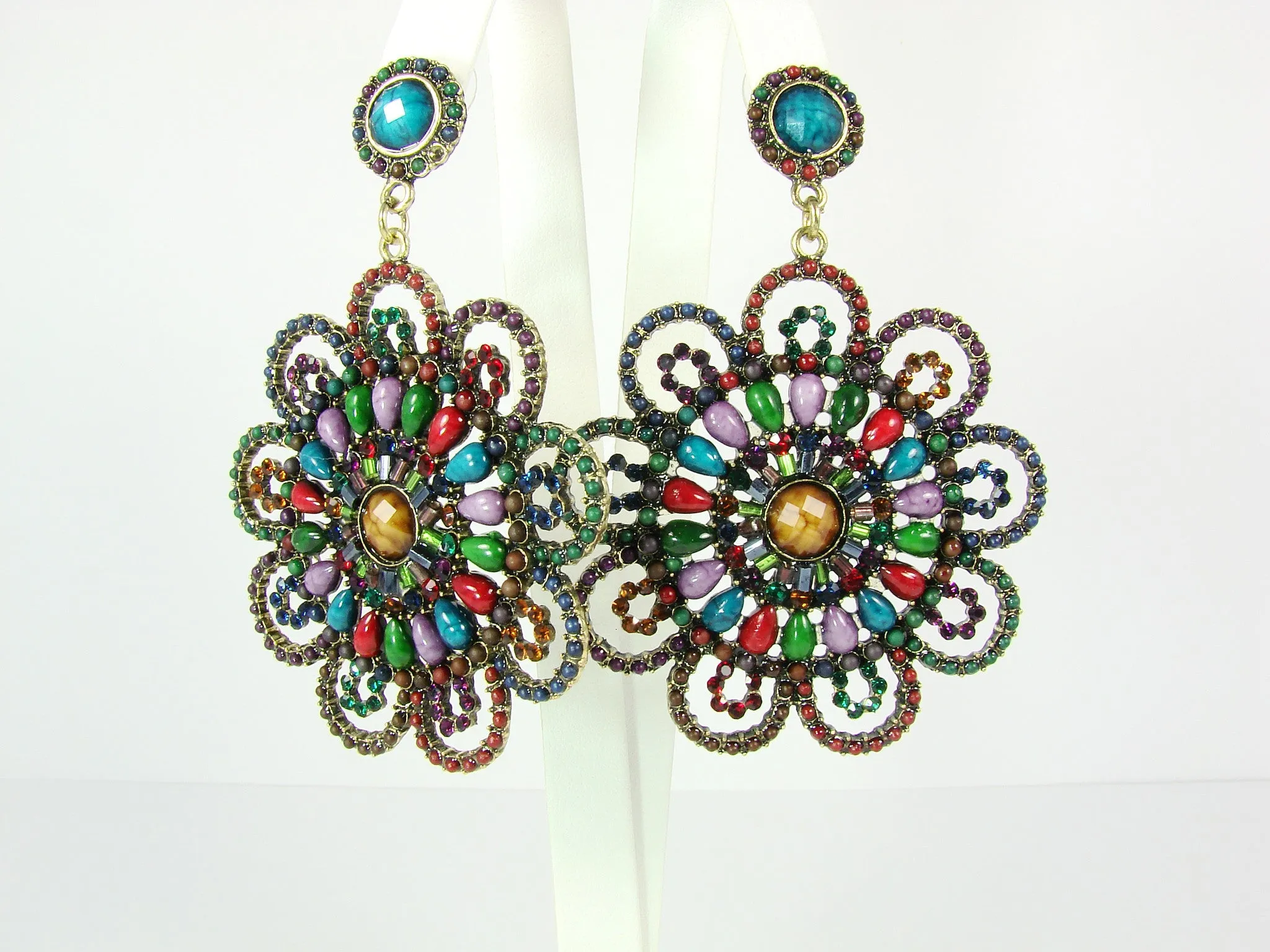 Multicolor Flower Earrings, Floral Disc Earrings, Large Round Colorful Crystal