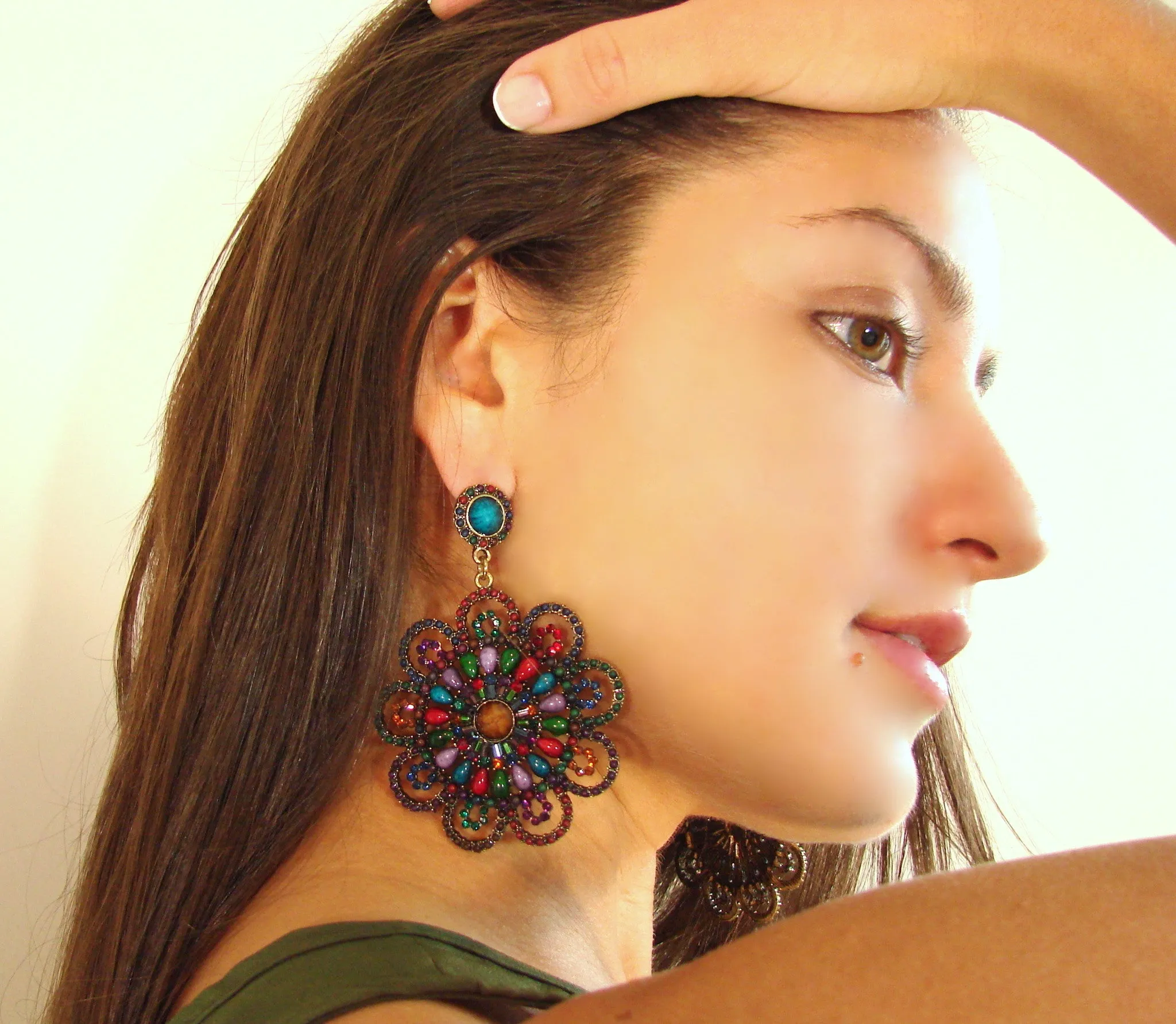 Multicolor Flower Earrings, Floral Disc Earrings, Large Round Colorful Crystal