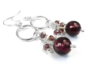 Murano Glass Cluster Ring Earrings - Burgundy