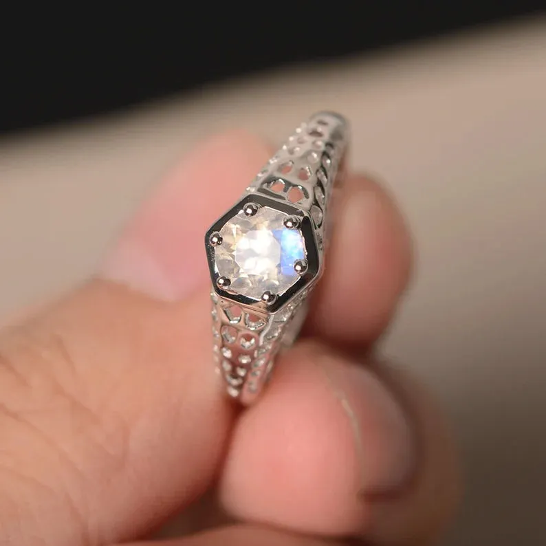 Natural Round Cut Rainbow Moonstone Wedding Ring - 925 Sterling Silver RIng