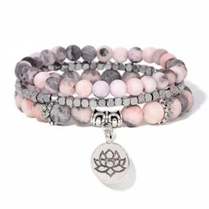 Natural Stone Lotus Triple Stack Bracelet - Boho Pink Zebra Stone