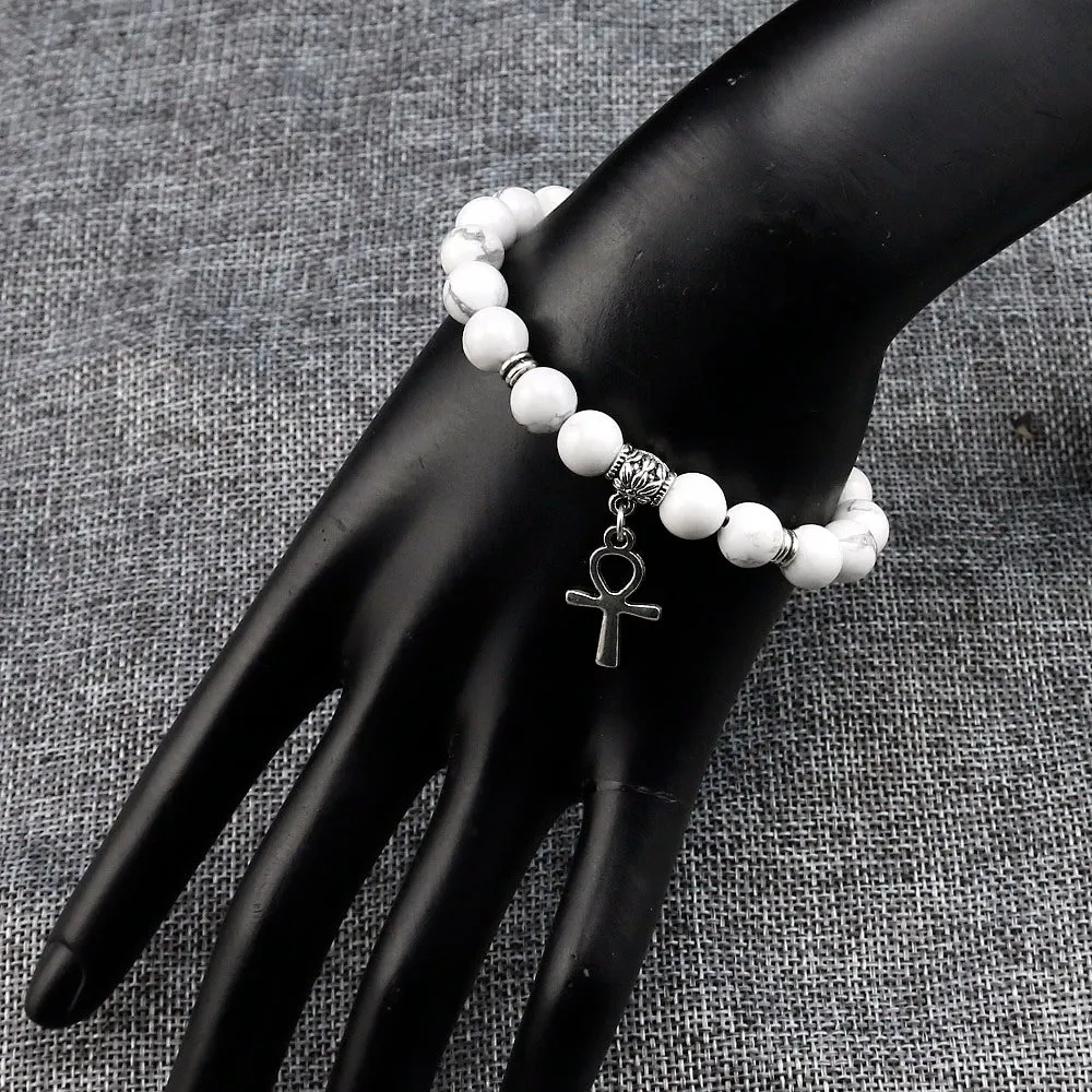 Natural White Howlite Beads Boho Antique Silver Tone Ankh Pendant Bracelets