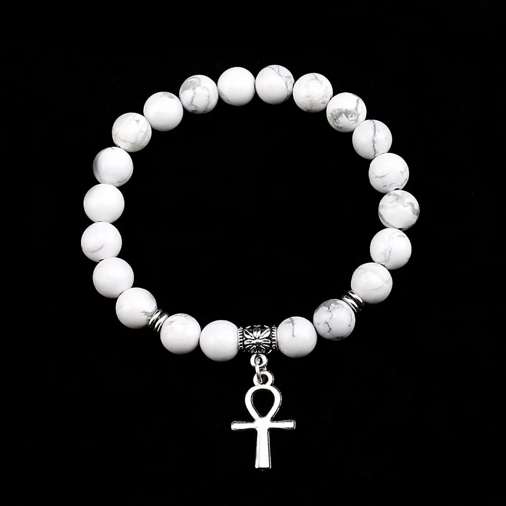 Natural White Howlite Beads Boho Antique Silver Tone Ankh Pendant Bracelets