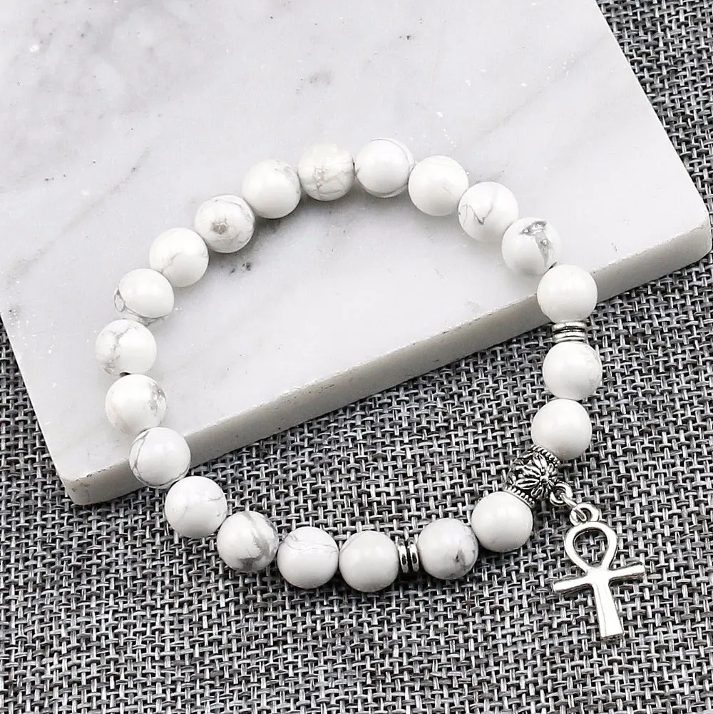 Natural White Howlite Beads Boho Antique Silver Tone Ankh Pendant Bracelets