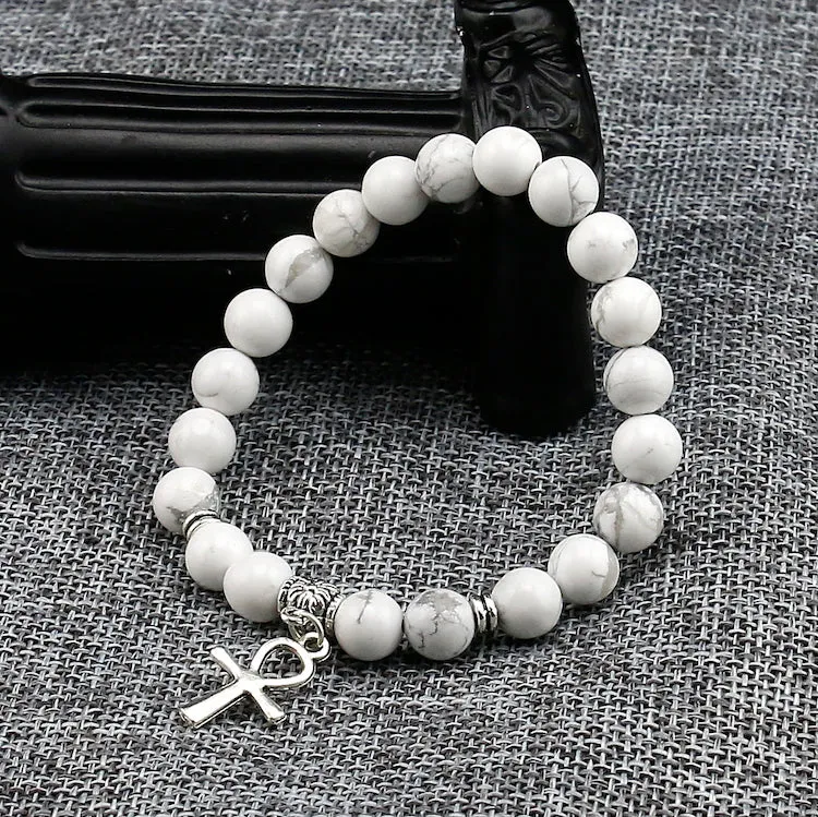 Natural White Howlite Beads Boho Antique Silver Tone Ankh Pendant Bracelets