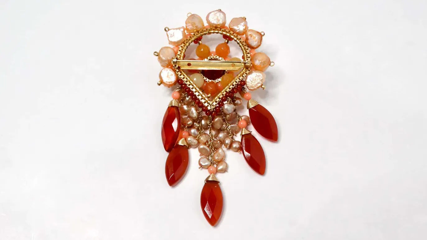 Pearly Intricate Beaded Pink & Orange Dangling Brooch