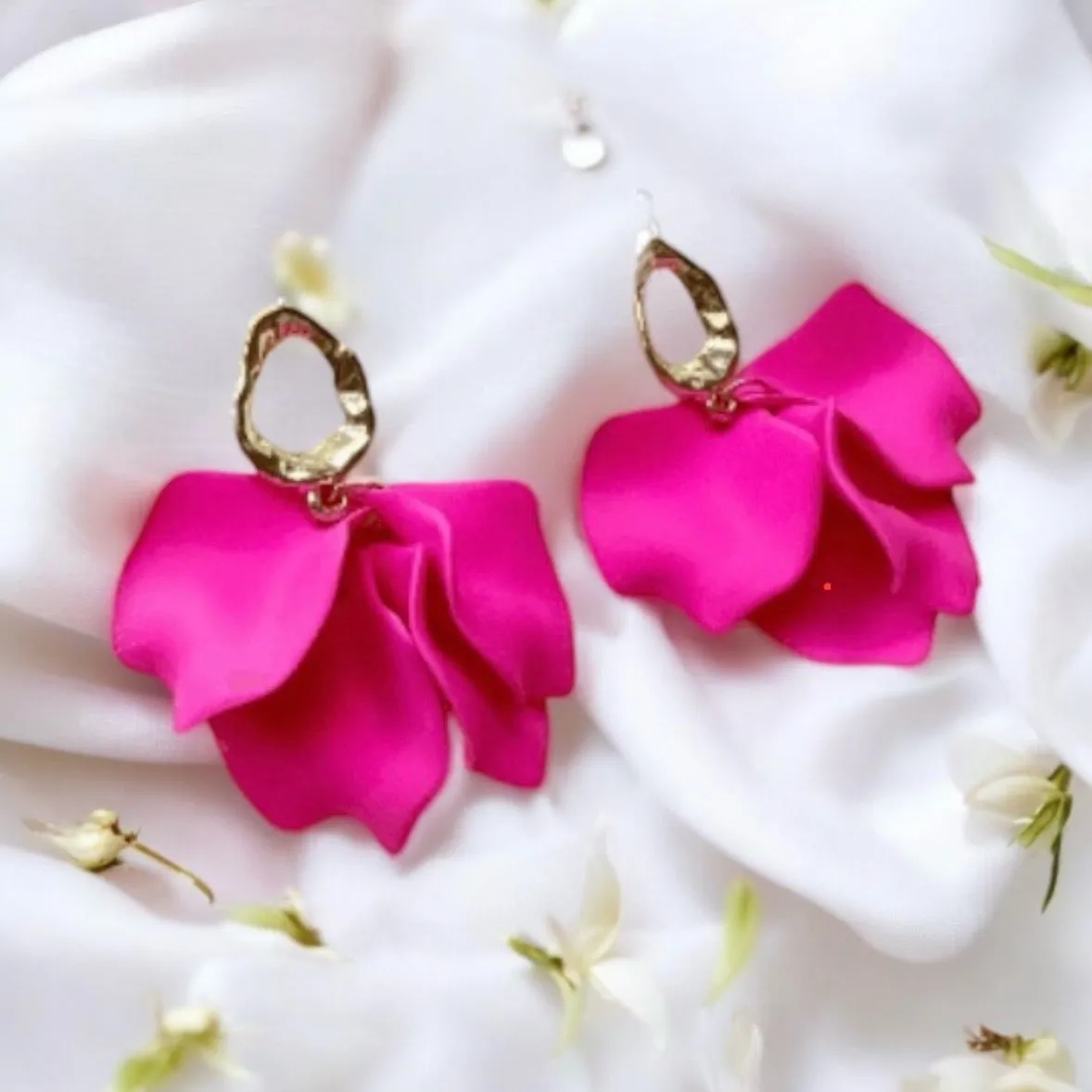 Pink - Barbie flower earrings | dangle petals baroque earrings | unique gold geometric floral earrings | bridal party wedding earrings Inactive