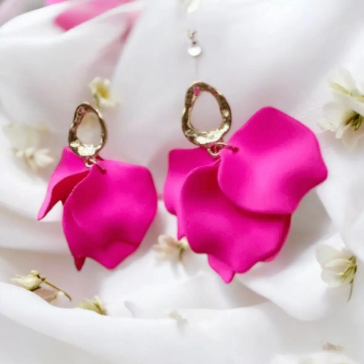 Pink - Barbie flower earrings | dangle petals baroque earrings | unique gold geometric floral earrings | bridal party wedding earrings Inactive