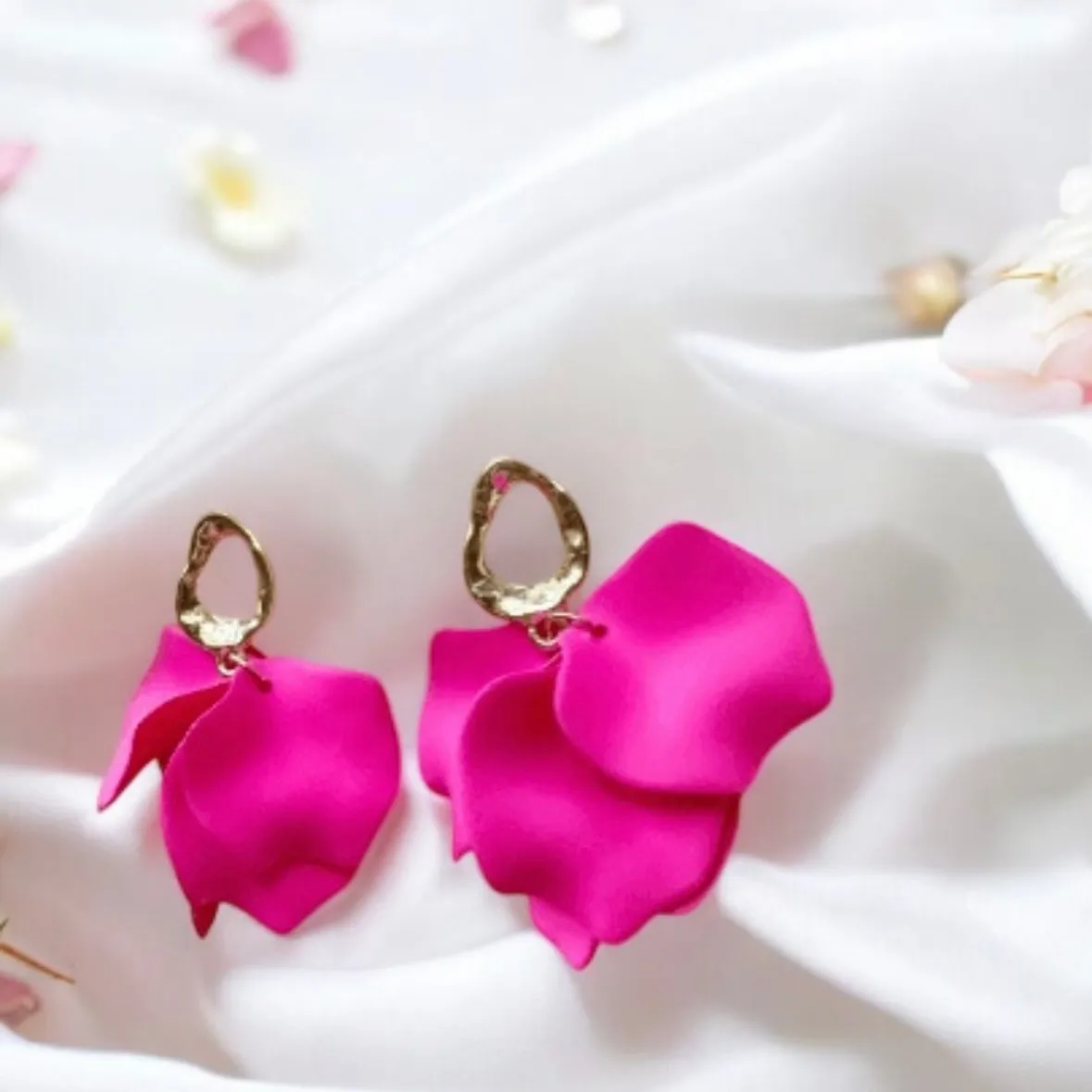 Pink - Barbie flower earrings | dangle petals baroque earrings | unique gold geometric floral earrings | bridal party wedding earrings Inactive