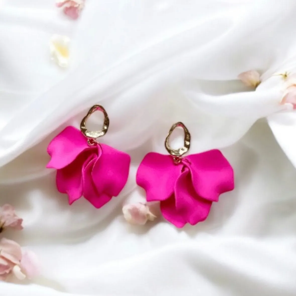 Pink - Barbie flower earrings | dangle petals baroque earrings | unique gold geometric floral earrings | bridal party wedding earrings Inactive