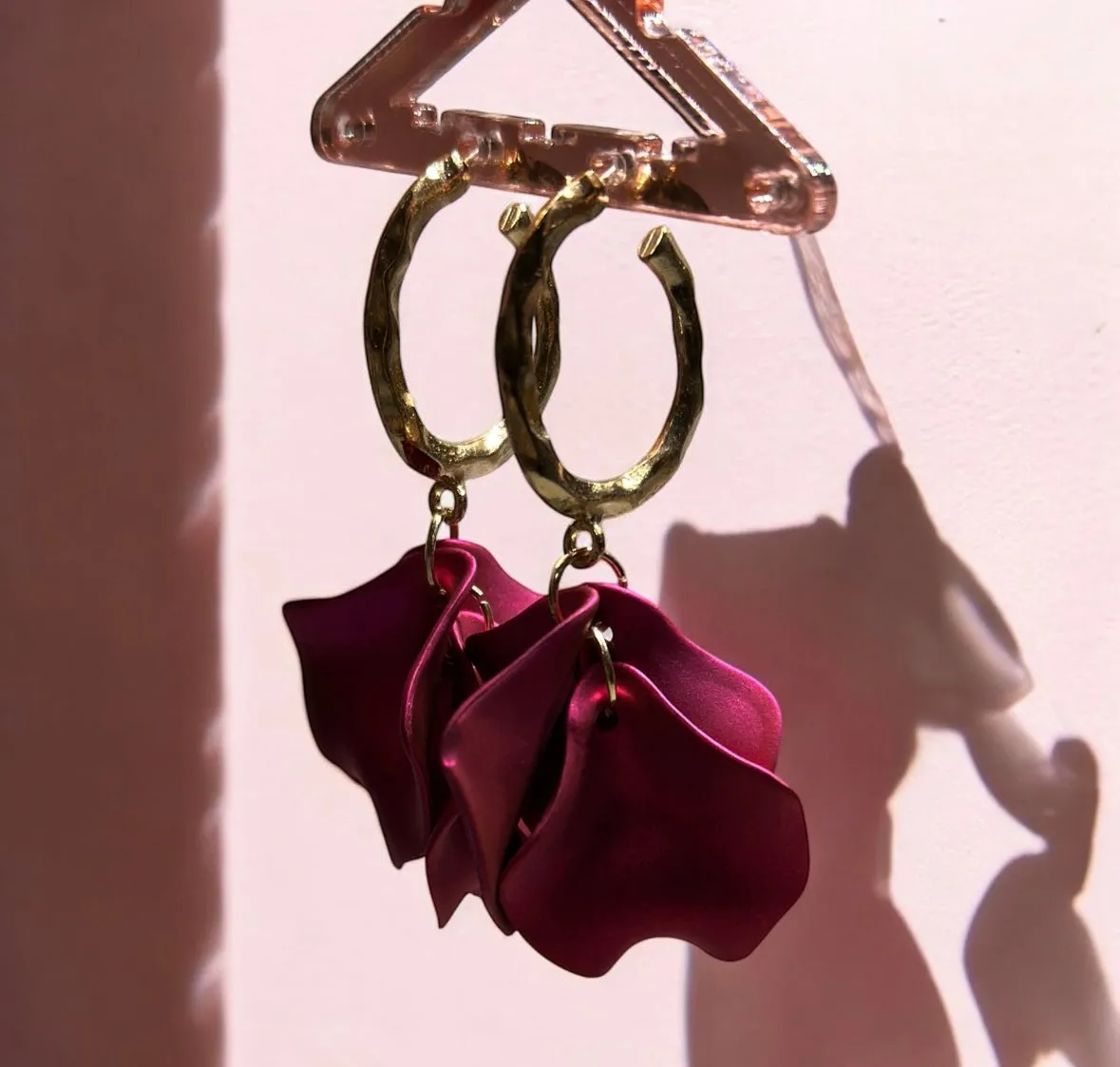 Pink - Fuchsia pink flower earrings | dangly earrings | golden geometric floral bridal party earrings