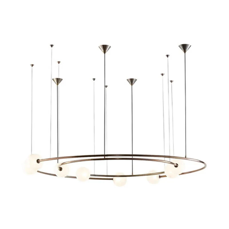 Postmodern Brass Ringed Hanging Light Fixture: 8-Bulb Cream Orb Glass Chandelier for Kitchen Bar