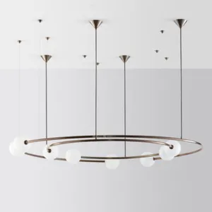 Postmodern Brass Ringed Hanging Light Fixture: 8-Bulb Cream Orb Glass Chandelier for Kitchen Bar