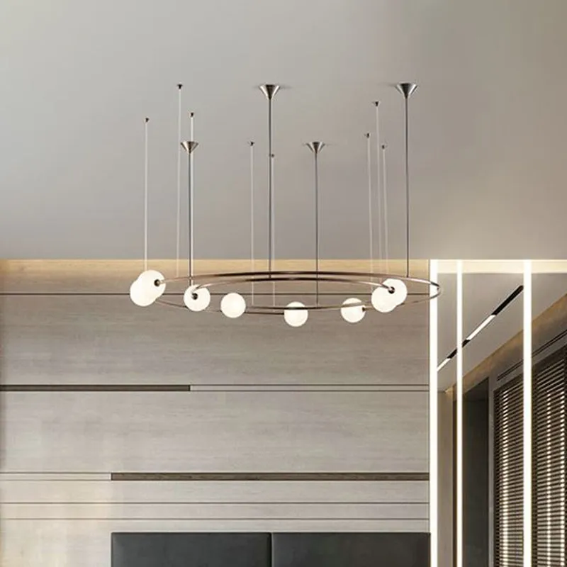 Postmodern Brass Ringed Hanging Light Fixture: 8-Bulb Cream Orb Glass Chandelier for Kitchen Bar