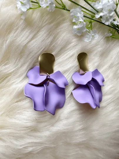 Purple - Pastel purple flower earrings | dangle petals baroque earrings | unique golden bar geometric floral earrings | bridal party wedding earrings