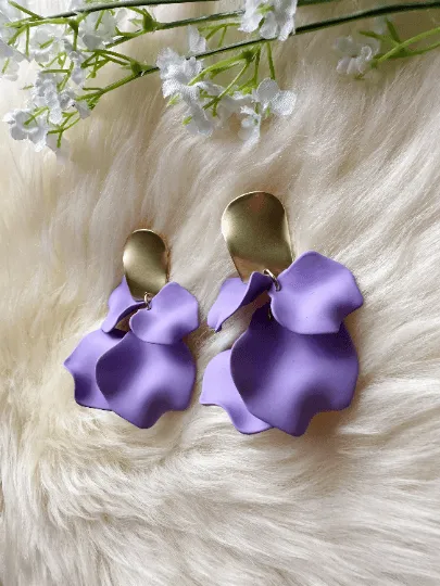 Purple - Pastel purple flower earrings | dangle petals baroque earrings | unique golden bar geometric floral earrings | bridal party wedding earrings