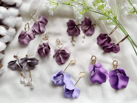 Purple - Pastel purple flower earrings | dangle petals baroque earrings | unique golden bar geometric floral earrings | bridal party wedding earrings