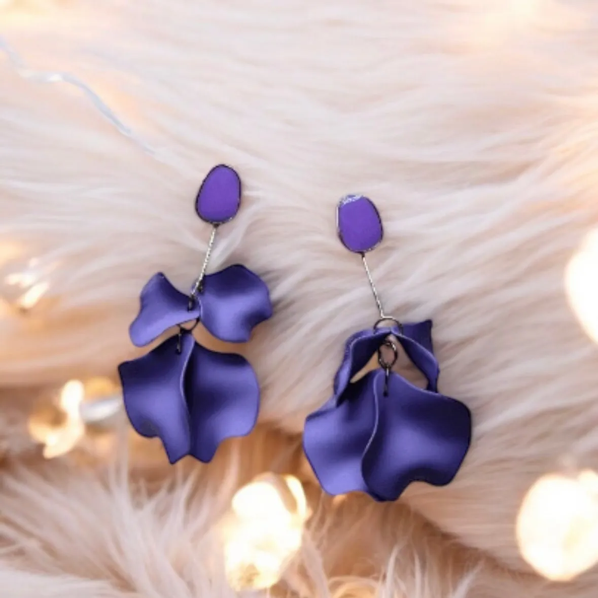 Purple - Royal purple flower earrings | dangle petals baroque earrings | unique golden bar geometric floral earrings | bridal party wedding earrings