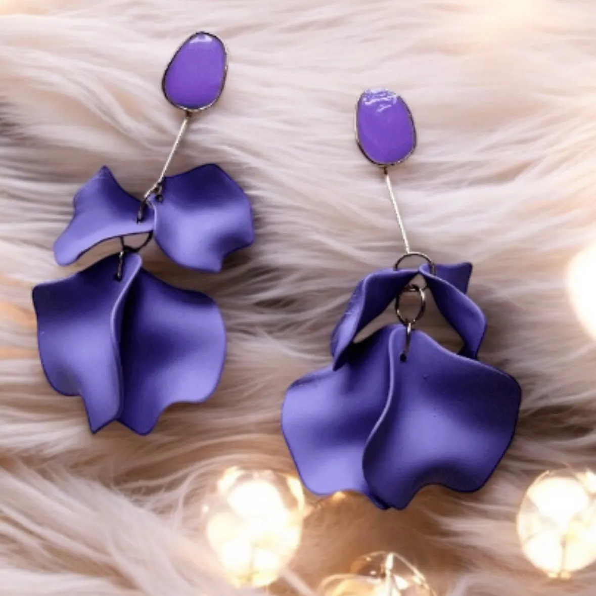 Purple - Royal purple flower earrings | dangle petals baroque earrings | unique golden bar geometric floral earrings | bridal party wedding earrings