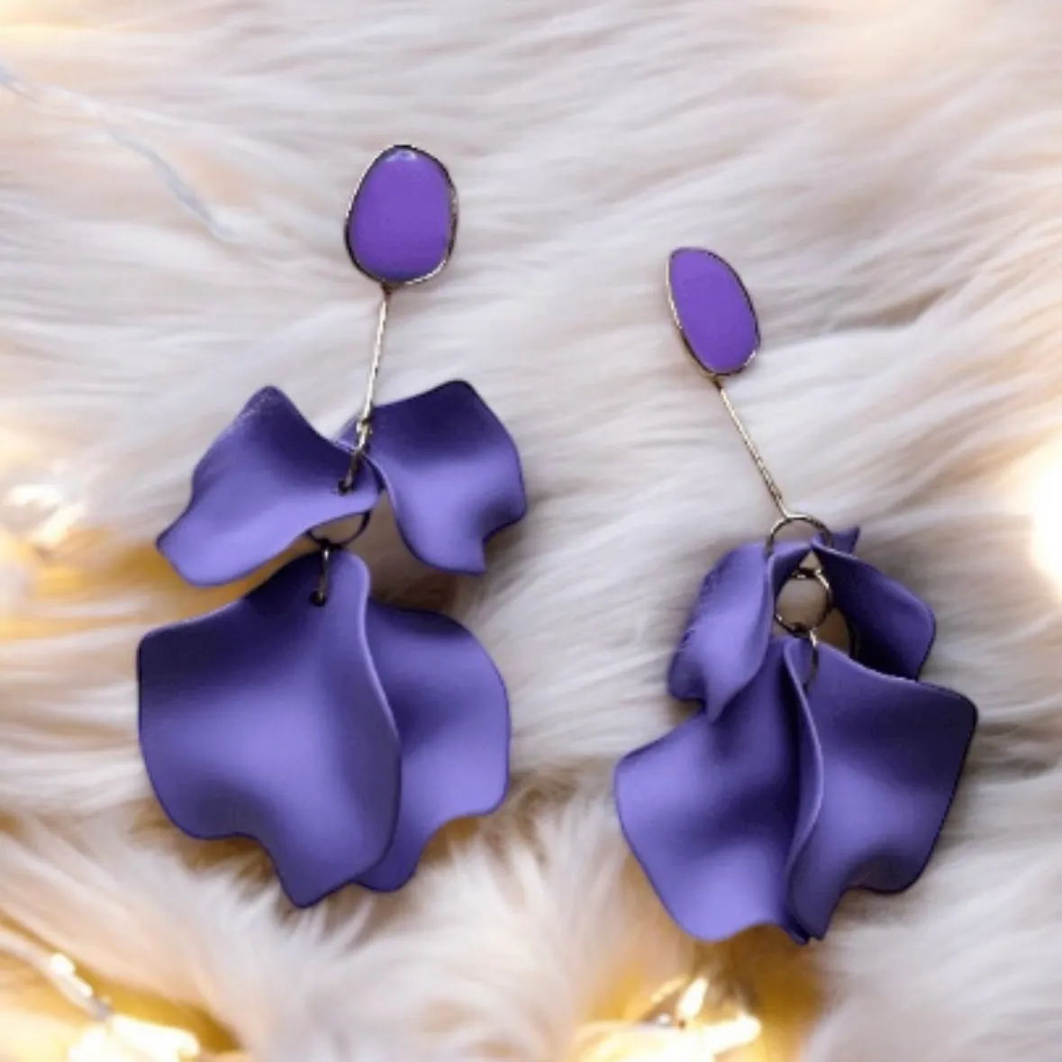 Purple - Royal purple flower earrings | dangle petals baroque earrings | unique golden bar geometric floral earrings | bridal party wedding earrings