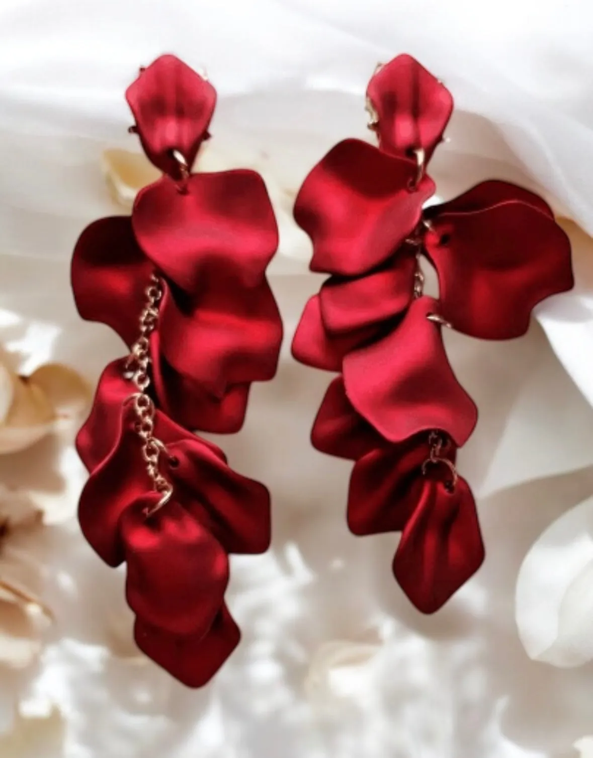 Red - iridescent flower earrings | dangle petals baroque earrings | unique golden floral earrings | bridal party wedding earrings