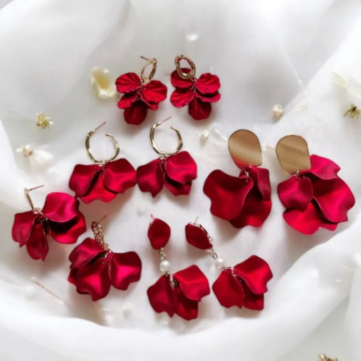 Red - iridescent flower earrings | dangle petals baroque earrings | unique golden floral earrings | bridal party wedding earrings