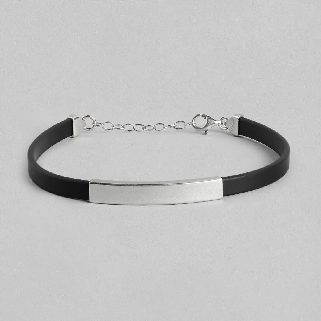 Refined Elegance Sterling Silver and Leather Strap Rhodium-Plated Bracelet For Him