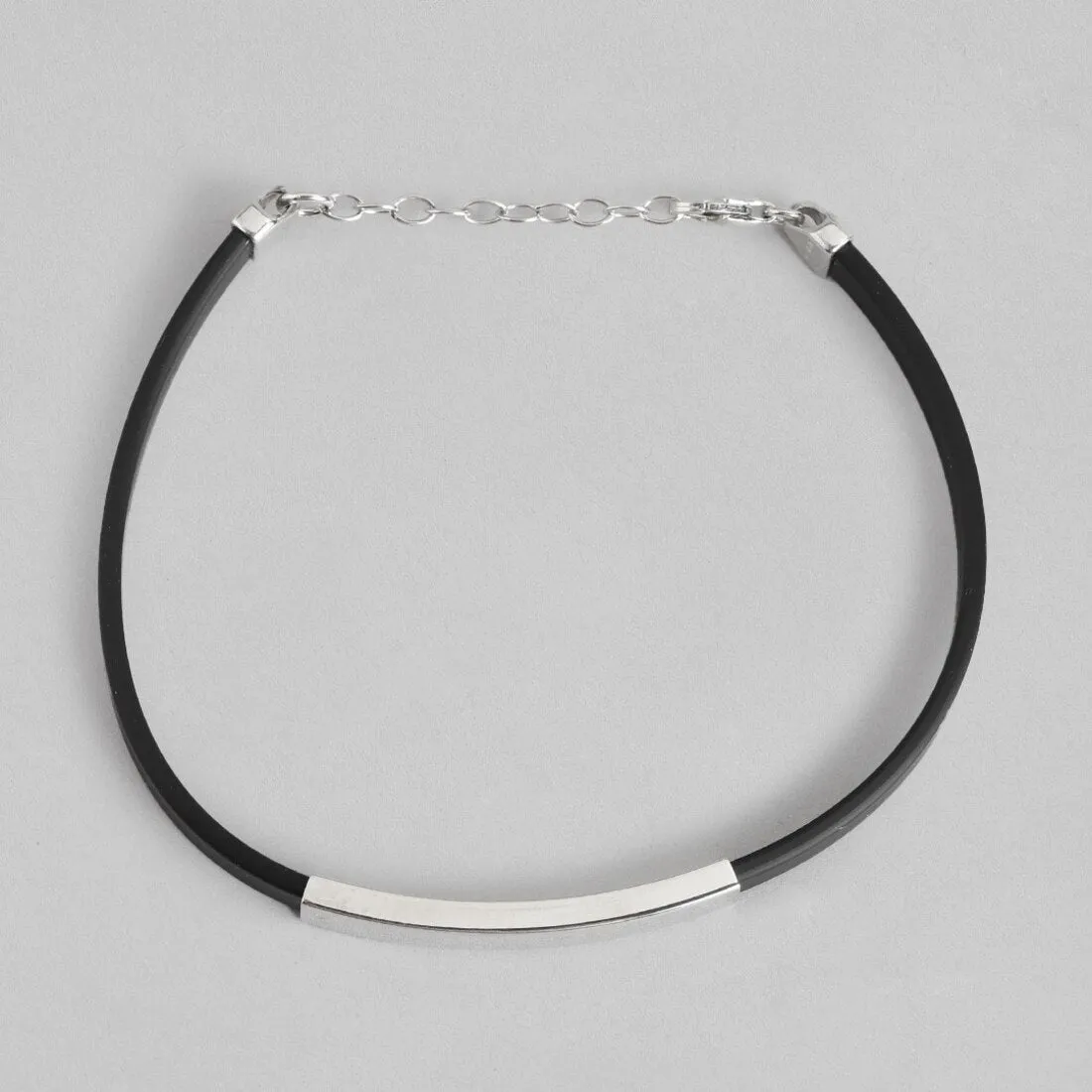 Refined Elegance Sterling Silver and Leather Strap Rhodium-Plated Bracelet For Him