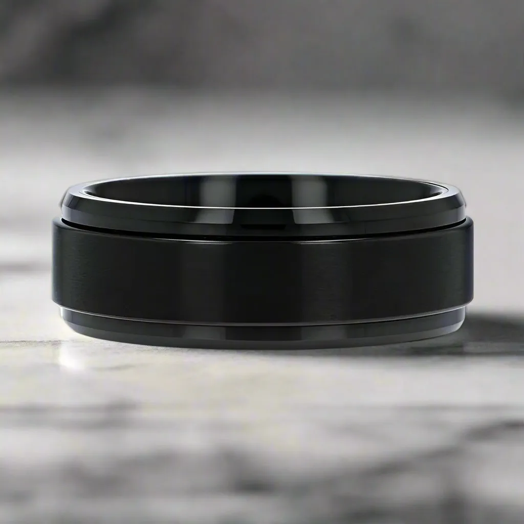 REVOLVE | Black Tungsten Ring, Fidget Spinner Ring, Beveled