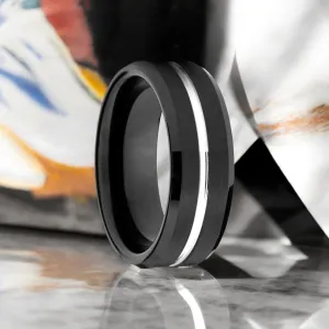 SAGAN | Black Tungsten Ring, Silver Shiny Groove, Beveled