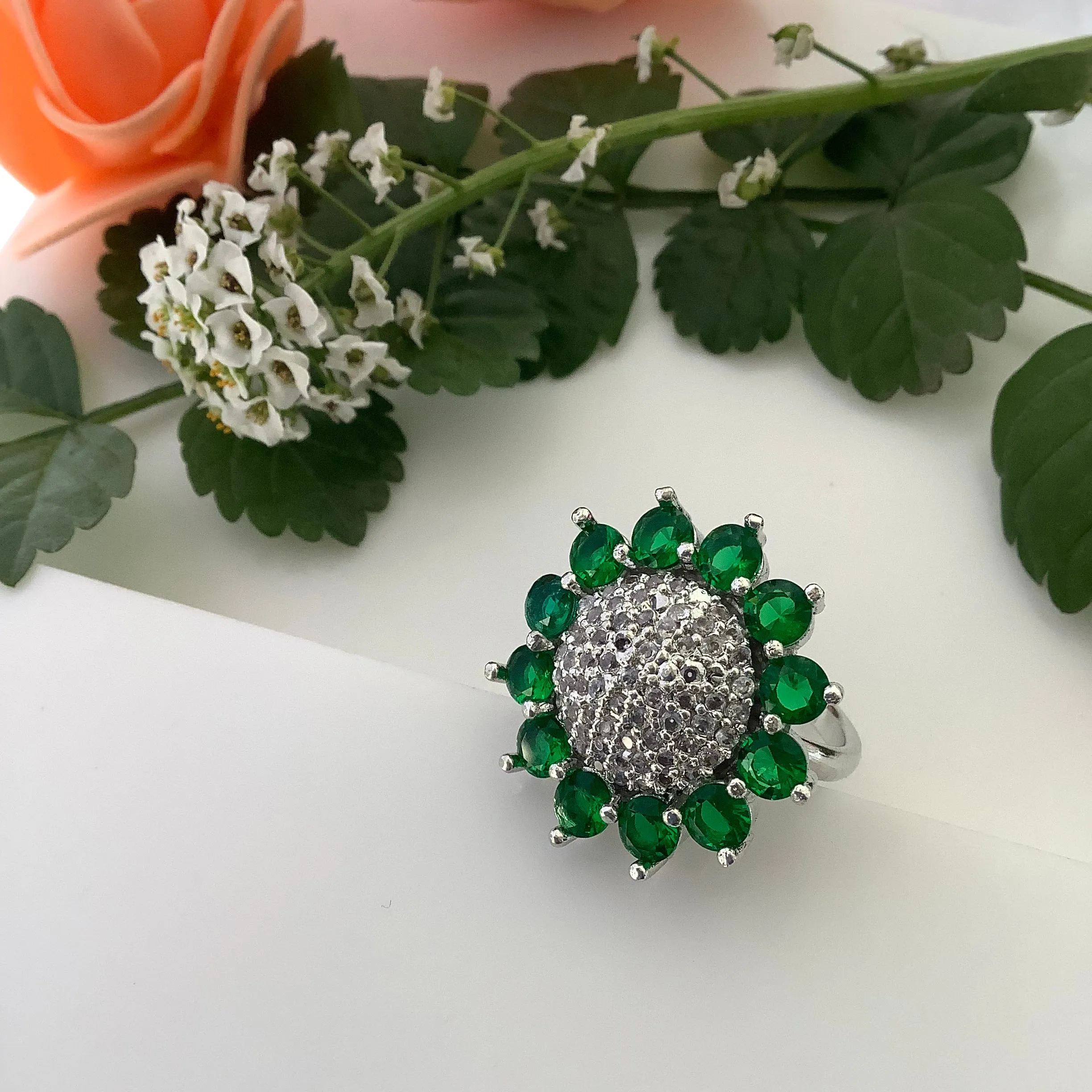 Salvanity - American Diamond Sunflower Finger Ring - Adjustable