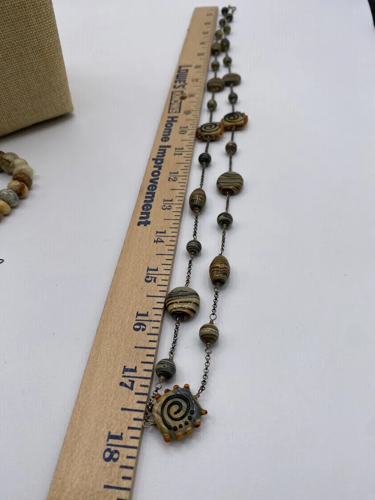 Set of 2 Different Size Multi-Color Brown Bead Necklaces Sterling Clasps /ro